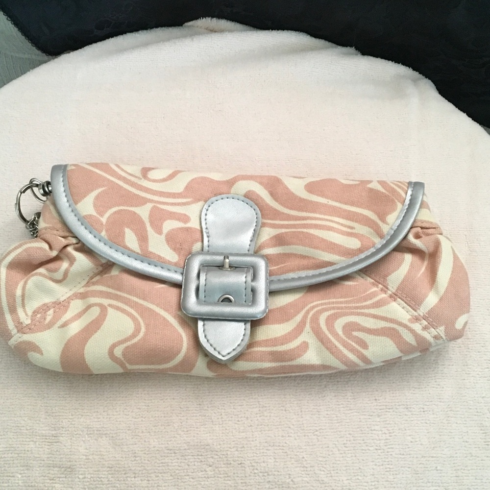 Stylish Pink Swirl Wristlet Clutch with Silver Trim